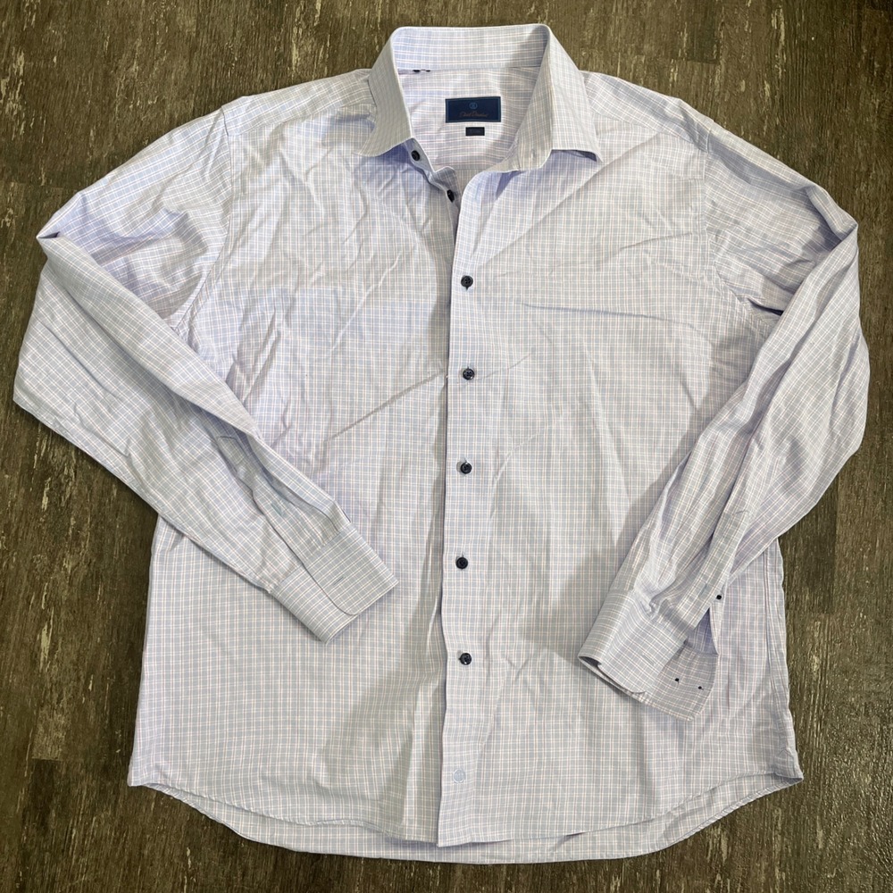 David Donahue Men's Trim Fit Plaid Dress Shirt Long Sleeve Blue Purple